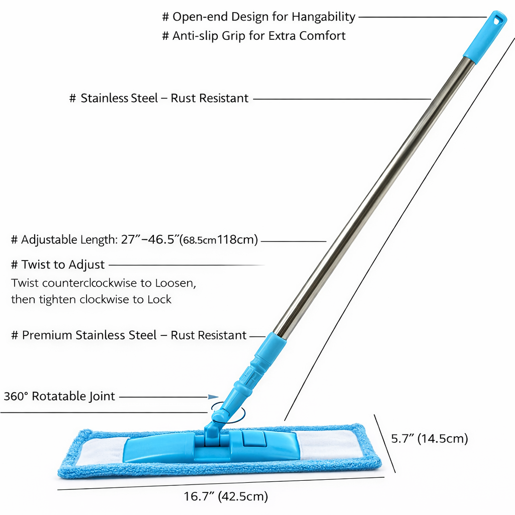 KUBOZN™ Balai-serpillère plat amovible en polaire corail avec manche en acier inoxydable