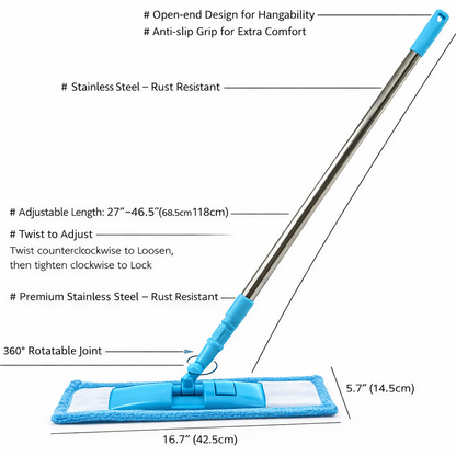 KUBOZN™ Balai-serpillère plat amovible en polaire corail avec manche en acier inoxydable